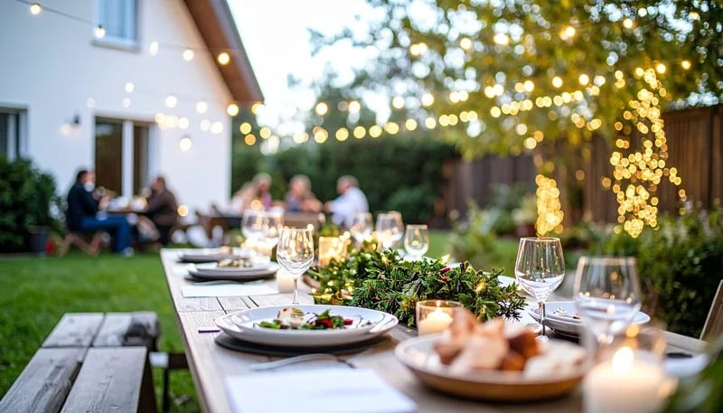 Outdoor Dinner Party with String Lights