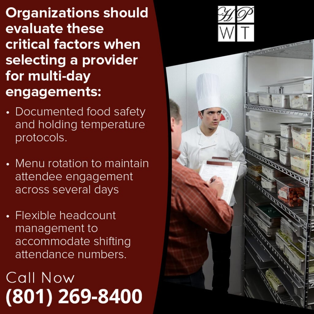 How to Choose Business Catering Services for Multi-Day Corporate Events in Salt Lake City 2 Chef reviewing organized food prep and storage for a multi-day corporate catering event in Utah by Have Party Will Travel, emphasizing food safety protocols, menu rotation, and logistical planning.