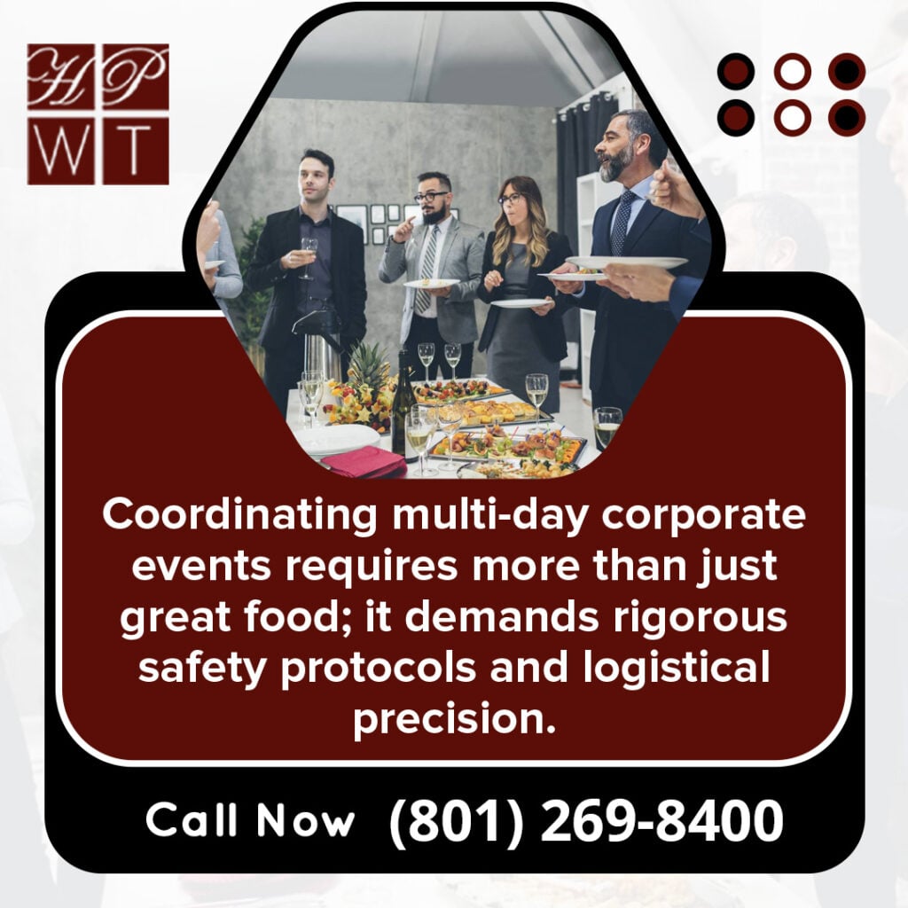 How to Choose Business Catering Services for Multi-Day Corporate Events in Salt Lake City 1 Corporate guests enjoying catered food at a multi-day business event in Utah by Have Party Will Travel, highlighting professional event catering, service coordination, and guest dining experience.