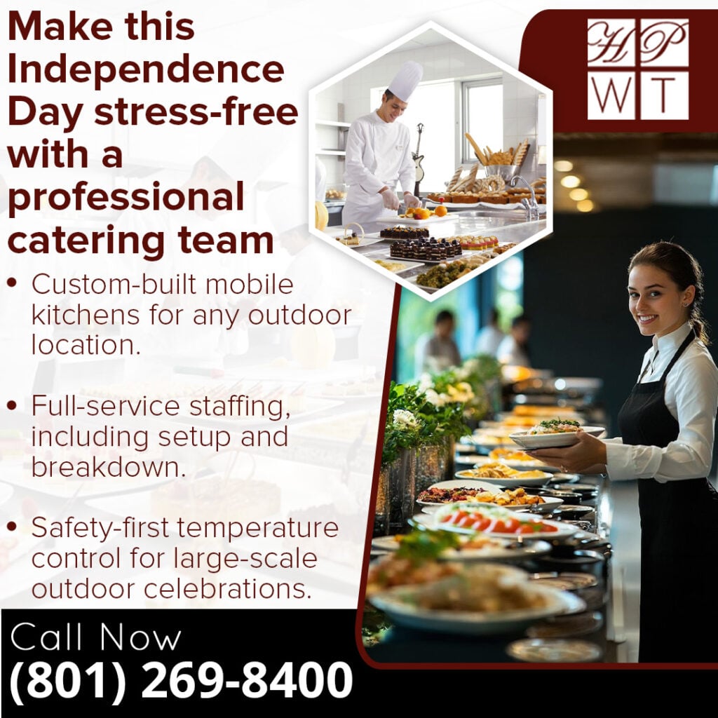 Celebrate the Fourth of July with Private Event Catering from Utah’s Trusted Caterers 2 Professional catering team serving buffet dishes at a large outdoor celebration with full-service event support by Have Party Will Travel