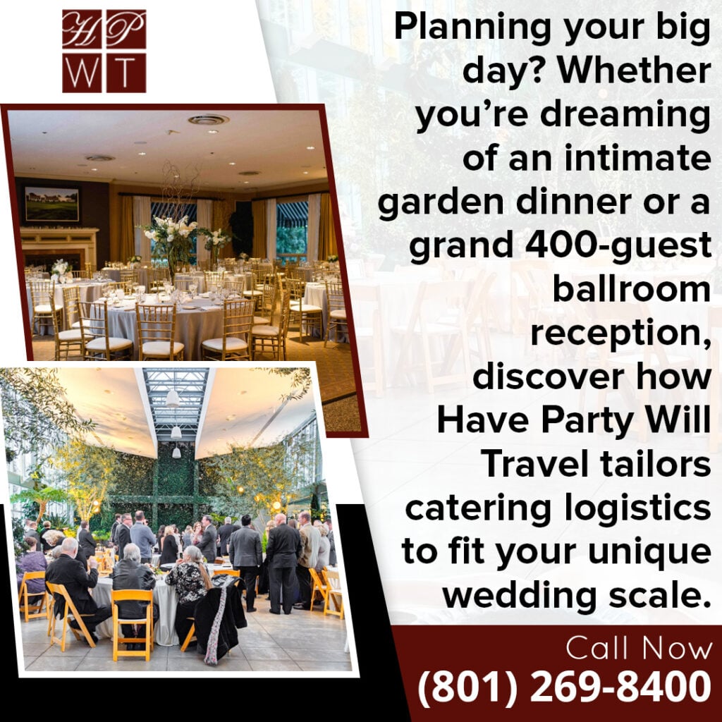 Intimate Weddings vs. Grand Receptions: Insights from a Professional Wedding Caterer in Salt Lake City 1 Wedding reception venues with seated banquet setups, highlighting catering logistics for intimate and large-scale events by Have Party Will Travel