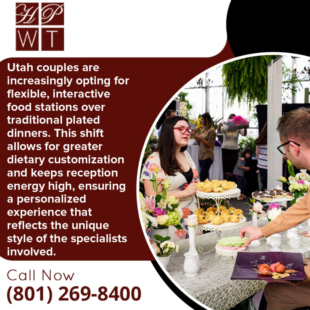 Modern Wedding Food Trends Utah Couples Love from Luxury Wedding Catering in Utah 1 Guests enjoying interactive food stations at a Utah wedding reception catered by Have Party Will Travel, highlighting flexible menu options and a lively dining experience.