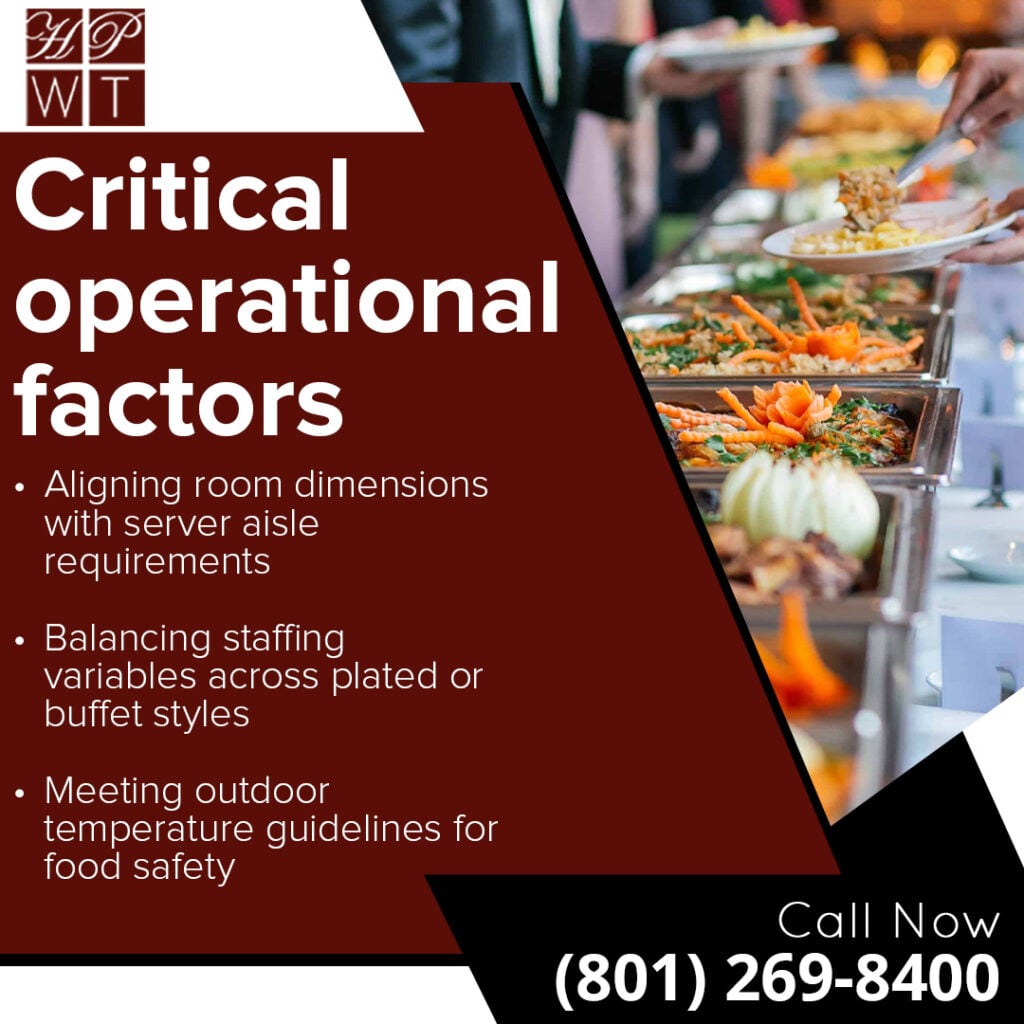 What Catering Style Should I Choose for My Wedding in Salt Lake City? 2 Infographic listing critical event catering factors, featuring a buffet line with served dishes in the background.
