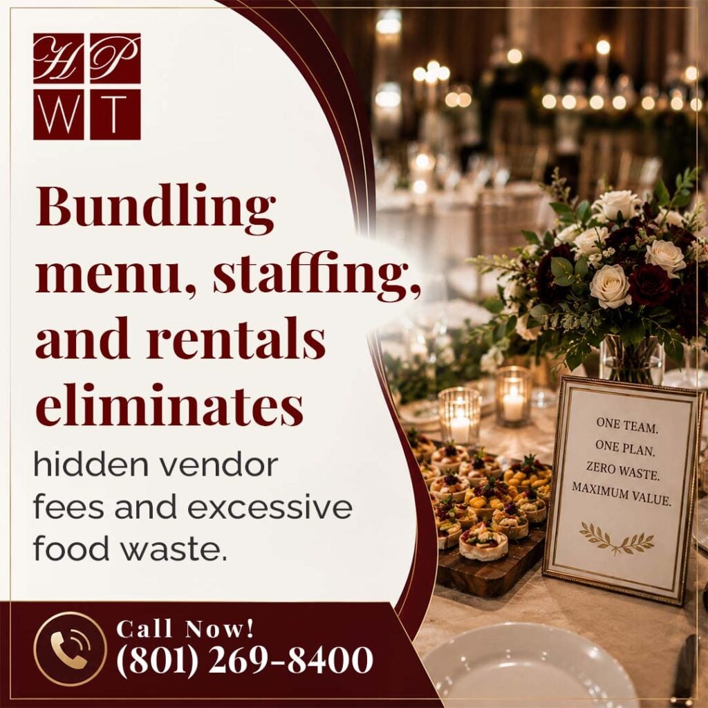 How Does Full-Service Event Catering Prevent You From Overspending? 1 An elegant catered table setup with candles and floral centerpieces alongside framed text highlighting bundled menu, staffing, and rental services.