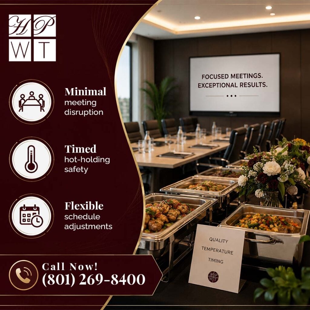 How Do You Plan Corporate Catering for an SLC, UT, Leadership Offsite? 2 Stainless steel chafing dishes filled with hot catering items set up along a buffet line in a corporate conference room.