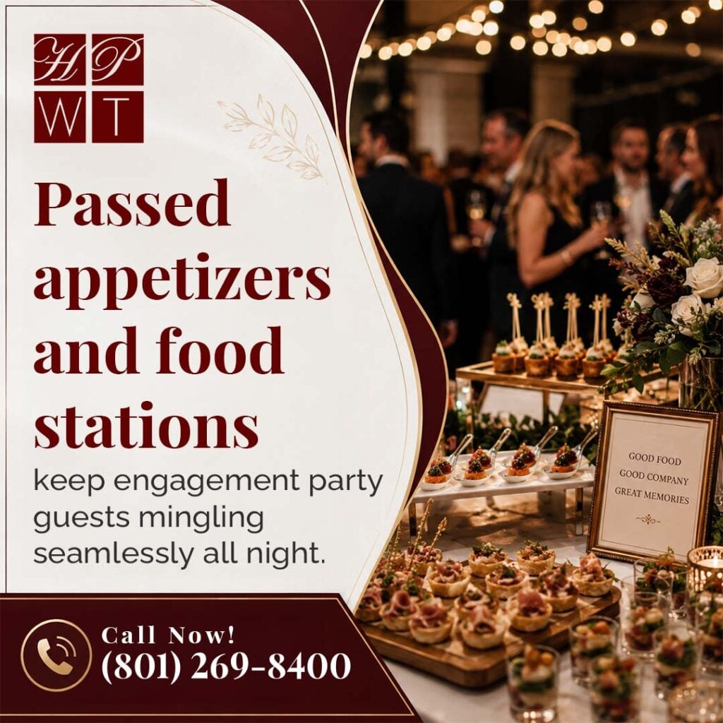 How Do You Plan Catering for an Engagement Party in Salt Lake City? 1 Guests mingling at an evening engagement party near a catering table filled with passed bite-sized appetizers and finger foods.