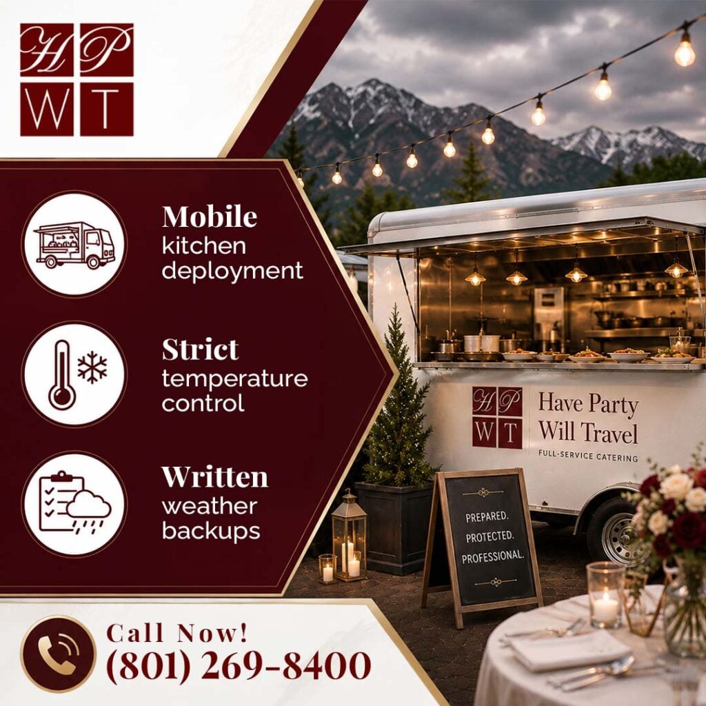 How Do Outdoor Wedding Caterers in Salt Lake City Handle Bad Weather? 2 An illuminated mobile catering trailer with plated food served outdoors next to bullet points detailing mobile kitchen deployment and temperature control.