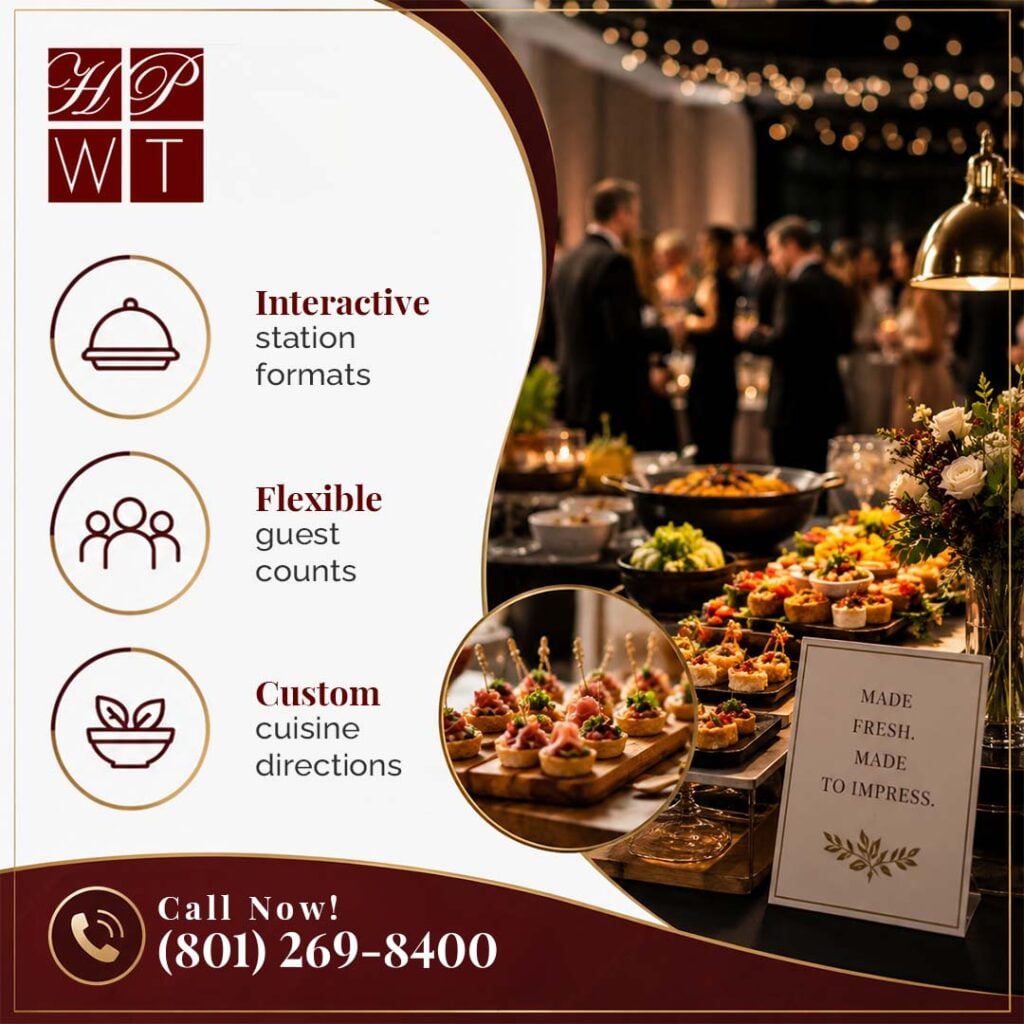 How Do You Plan Catering for an Engagement Party in Salt Lake City? 2 An interactive catering food station setup featuring gourmet tarts, fresh salads, and hot dishes displayed for event guests.
