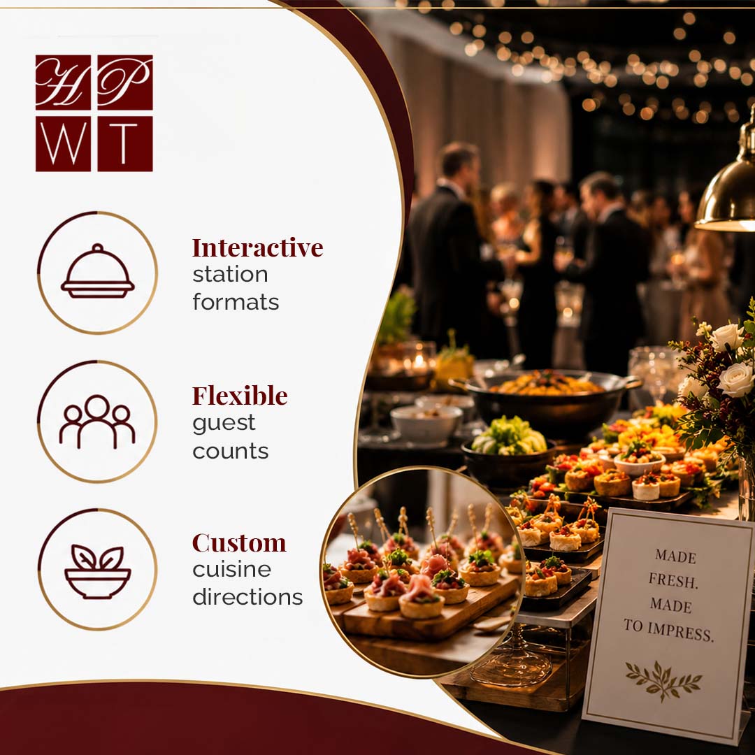An interactive catering food station setup featuring gourmet tarts, fresh salads, and hot dishes displayed for event guests.