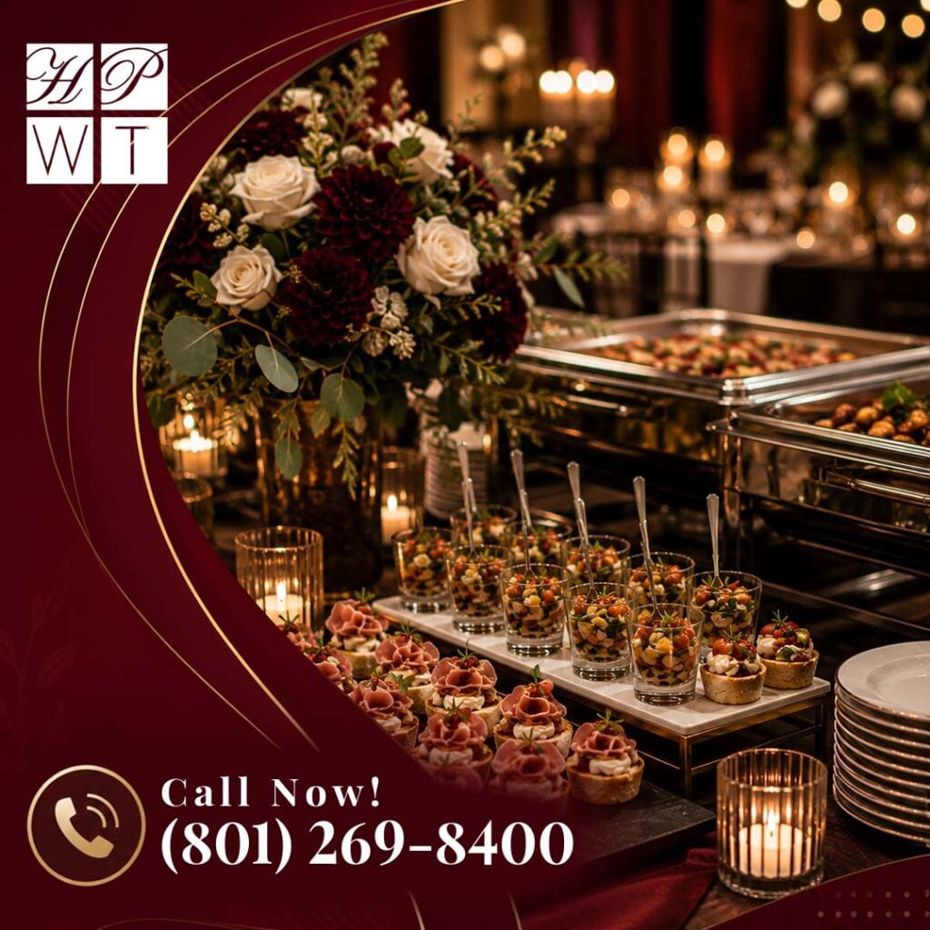 What Goes Into VIP Corporate Catering for Product Launches in SLC, UT? 2 An elegant event buffet featuring prosciutto canapés, shooter glasses, and a burgundy floral centerpiece under ambient lighting.