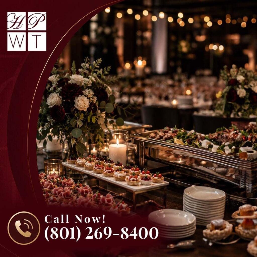 How Do Wedding Caterers Style a Nature-Inspired Table in Utah? 2 An upscale wedding buffet spread featuring assorted hors d'oeuvres, savory tarts, and floral arrangements under warm party lights.