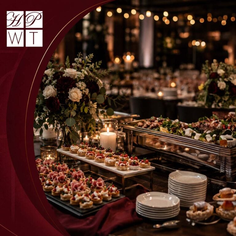 An elegant event buffet featuring prosciutto canapés, shooter glasses, and a burgundy floral centerpiece under ambient lighting.