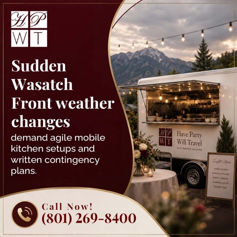 A mobile catering kitchen trailer set up for an outdoor event in front of mountain peaks next to text about Wasatch Front weather contingency plans.