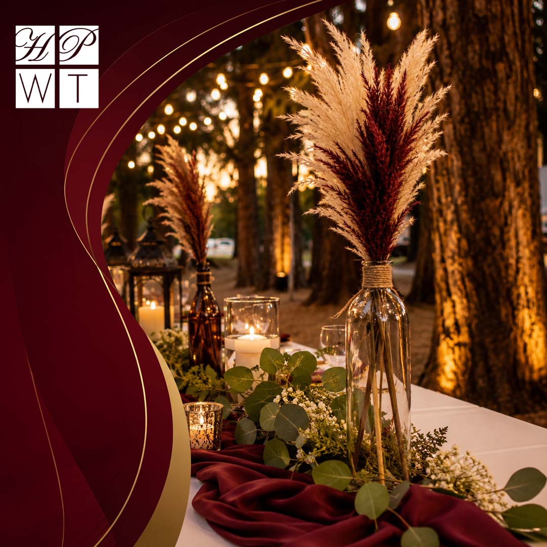 A rustic outdoor event table display featuring pampas grass vases, eucalyptus greenery, and glowing candles in a wooded setting.