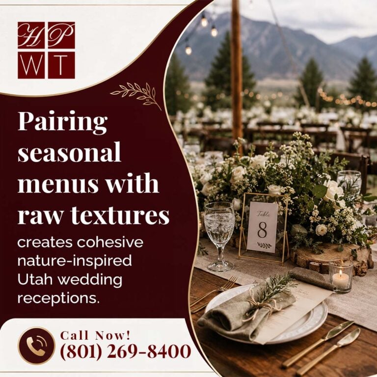 An elegantly decorated rustic outdoor wedding table set with floral centerpieces, wooden accents, and a "Table 8" marker next to text about nature-inspired Utah wedding receptions.