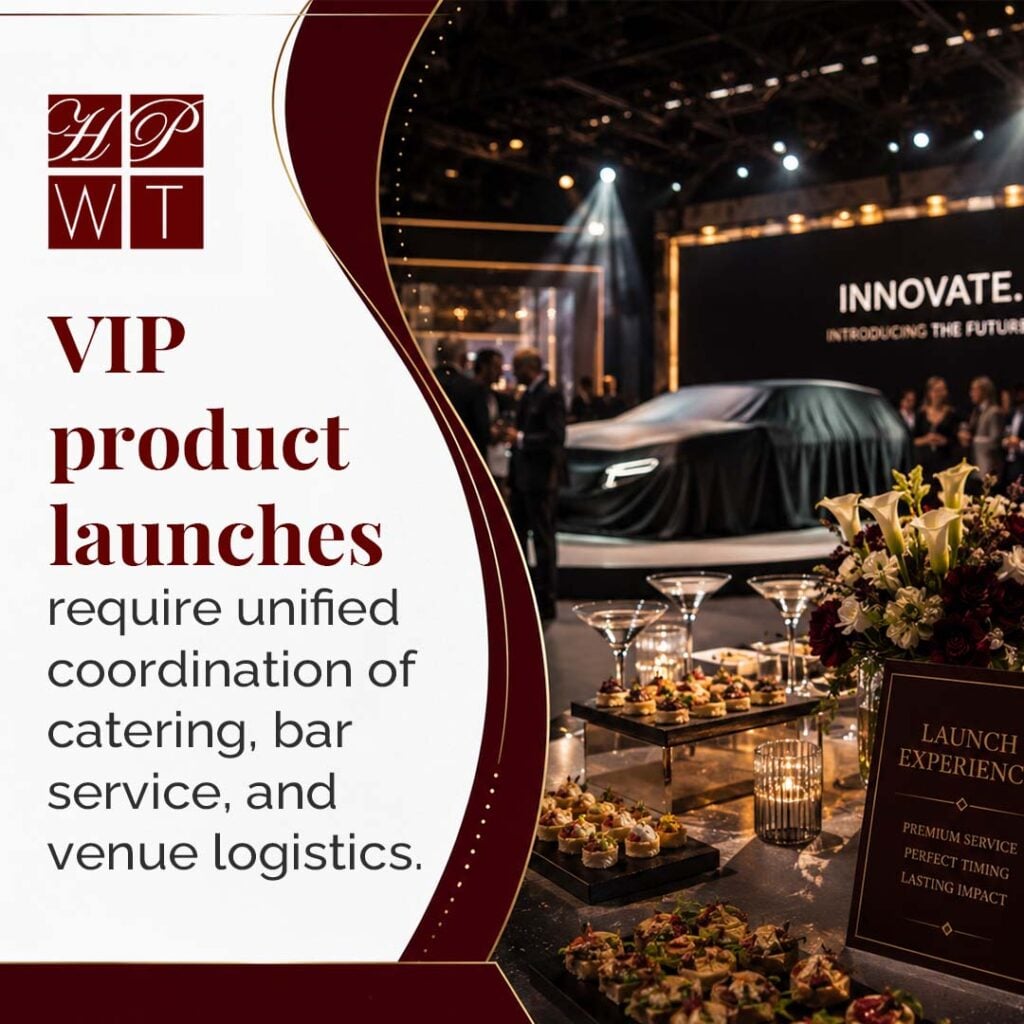 What Goes Into VIP Corporate Catering for Product Launches in SLC, UT? 1 Gourmet hors d'oeuvres and cocktail glasses displayed on a catering table at an exclusive corporate car reveal event.