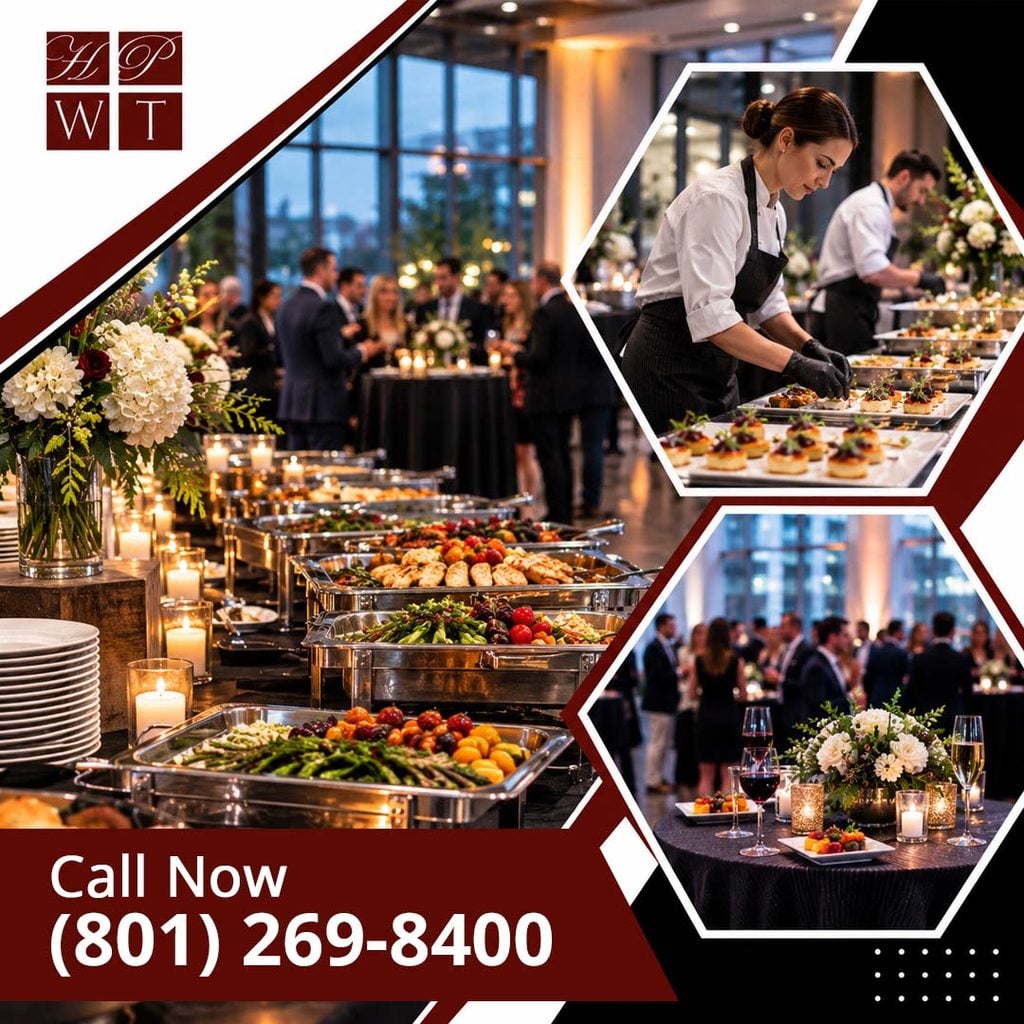 A corporate evening reception display featuring chafing pans of grilled asparagus and chicken, chefs assembling passed appetizers, and a cocktail table with wine and florals.