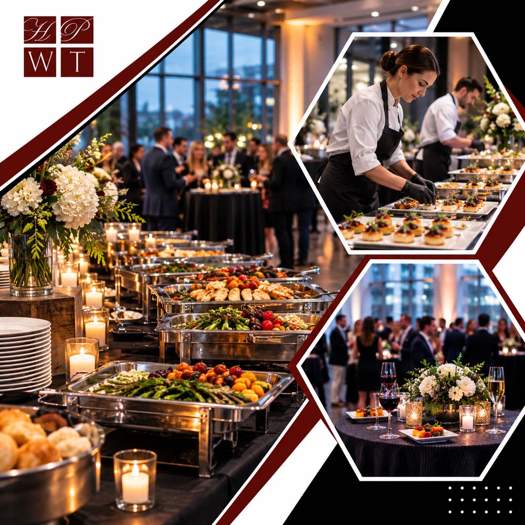 A corporate evening reception display featuring chafing pans of grilled asparagus and chicken, chefs assembling passed appetizers, and a cocktail table with wine and florals.