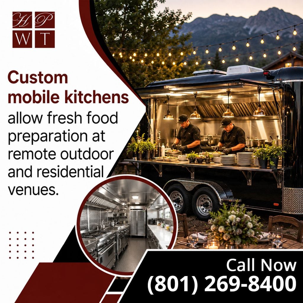 Chefs plating dishes inside an illuminated custom mobile kitchen trailer at a mountain venue, alongside an interior view of commercial kitchen equipment.