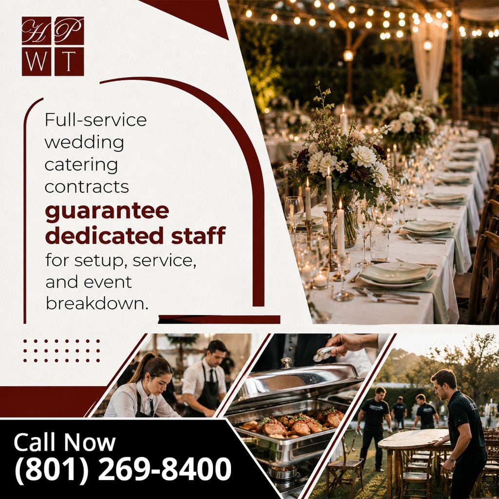 An outdoor wedding reception banquet table lined with candles and floral arrangements, above insets of catering staff preparing service dishes and setting up tables.