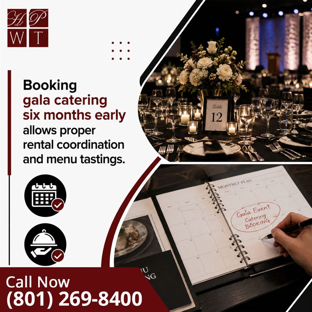 A formal gala banquet table with floral centerpieces and glassware next to an event planner booking a catering reservation in a calendar journal.
