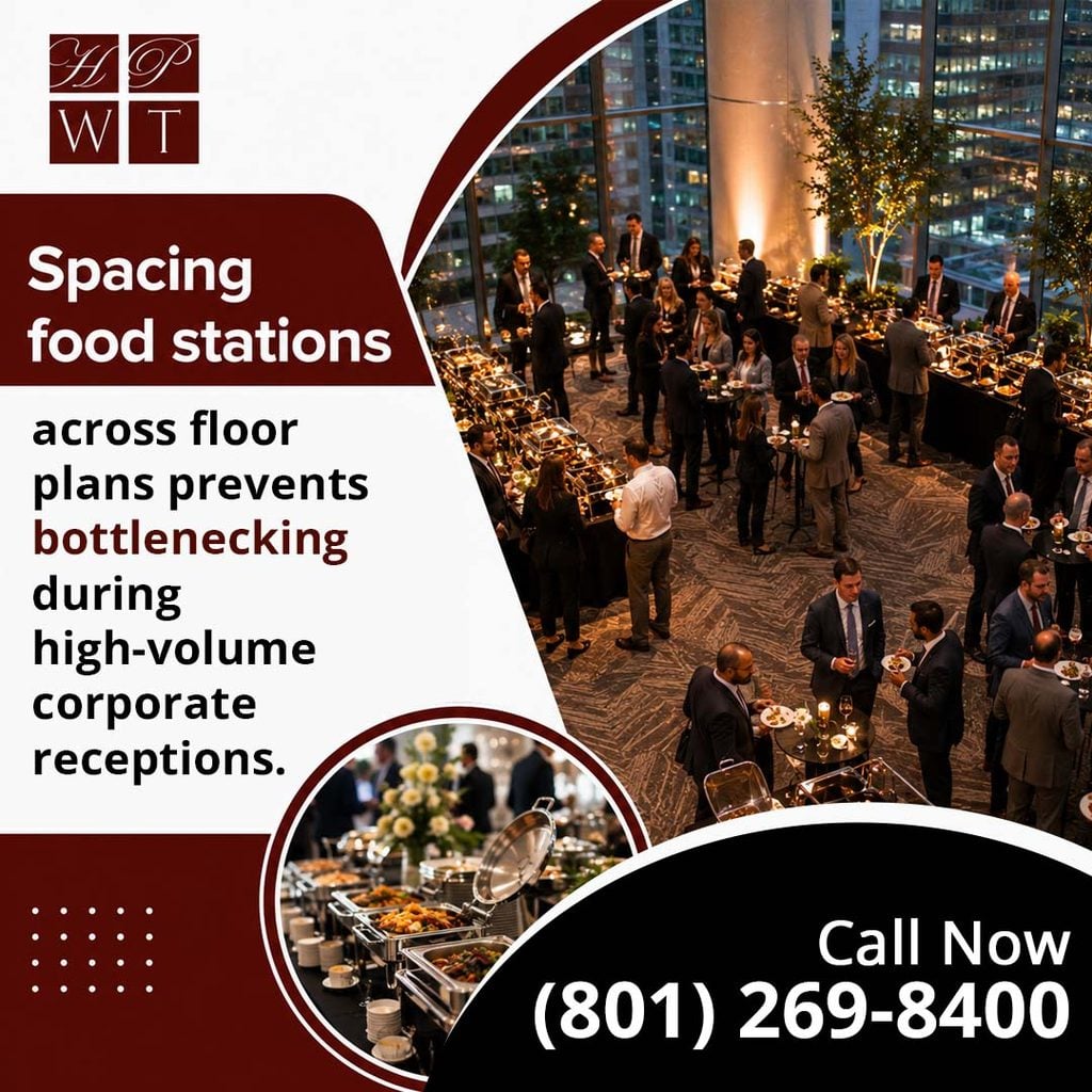An overhead view of a large corporate networking reception with attendees moving between widely spaced food stations in an upscale venue, with an inset of polished chafing dishes.