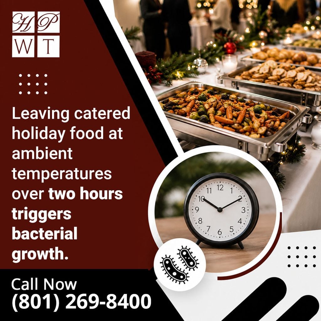 Stainless steel chafing dishes holding roasted holiday vegetables next to a clock and bacteria icon illustrating food safety time limits.
