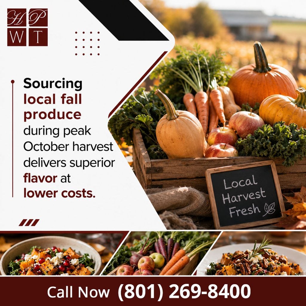 A wooden crate overflowing with freshly harvested pumpkins, squash, carrots, and apples with a chalkboard sign reading local harvest fresh, alongside autumn catered dishes.