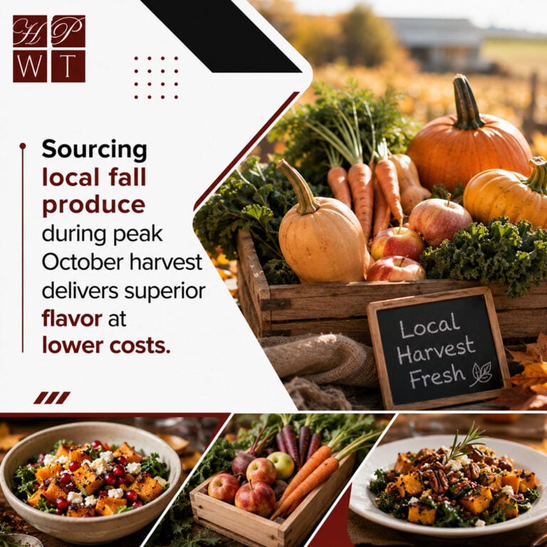 A wooden crate overflowing with freshly harvested pumpkins, squash, carrots, and apples with a chalkboard sign reading local harvest fresh, alongside autumn catered dishes.