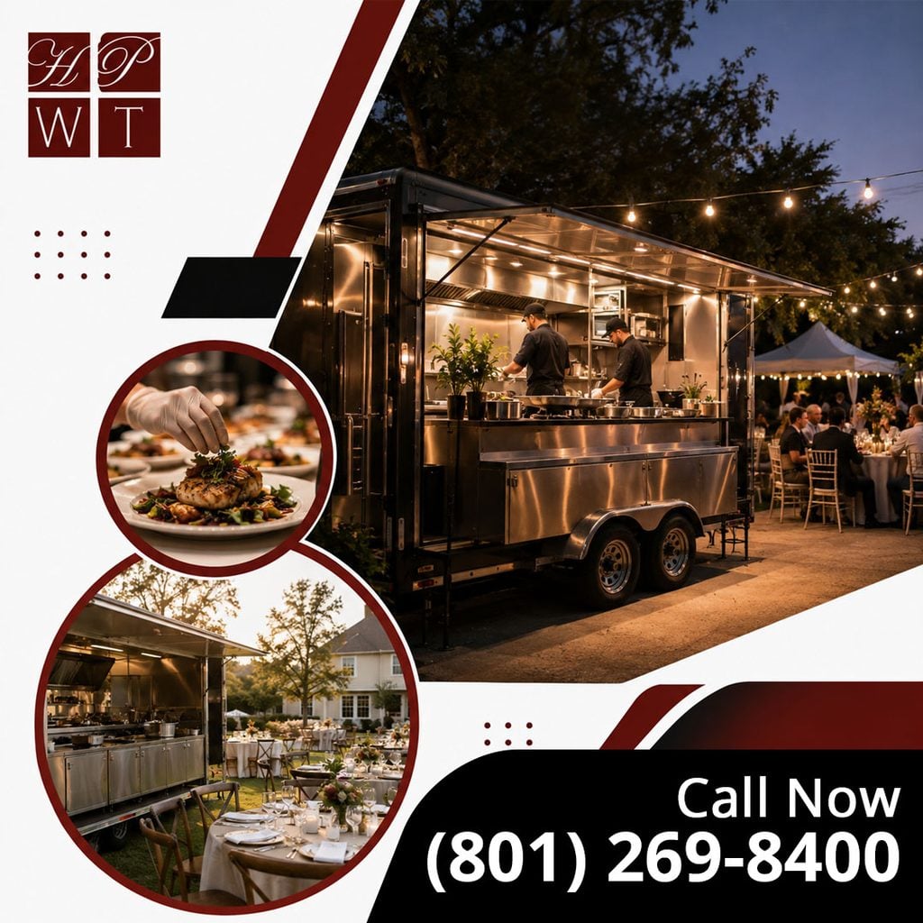 Chefs preparing plated entrees inside an illuminated mobile kitchen trailer at an outdoor evening wedding reception with string lights.
