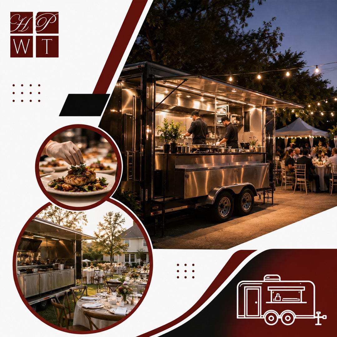 Chefs preparing plated entrees inside an illuminated mobile kitchen trailer at an outdoor evening wedding reception with string lights.