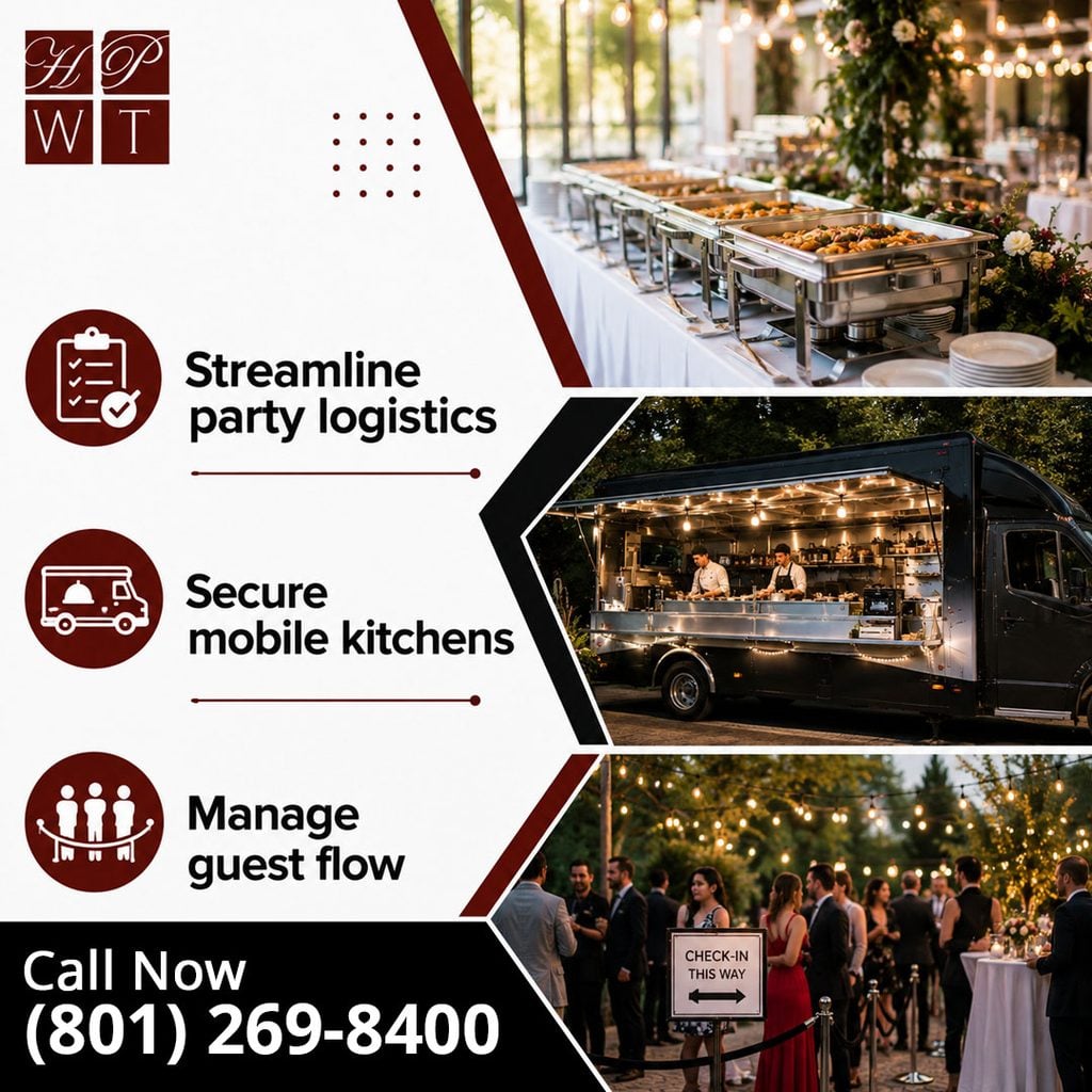 An event catering setup showing a hot buffet line, an illuminated mobile kitchen food truck with chefs, and guests gathered at an outdoor reception.