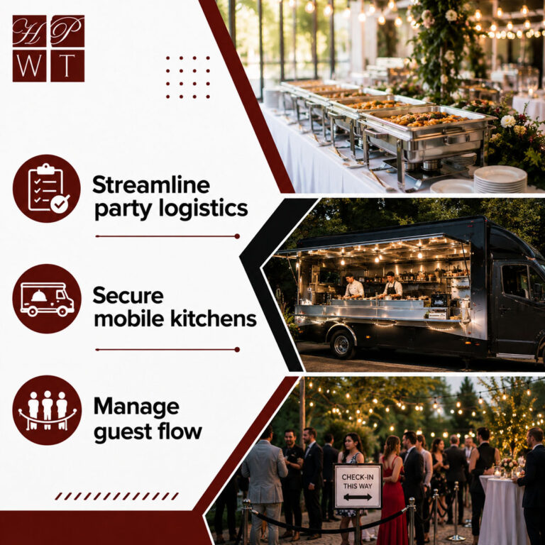 An event catering setup showing a hot buffet line, an illuminated mobile kitchen food truck with chefs, and guests gathered at an outdoor reception.