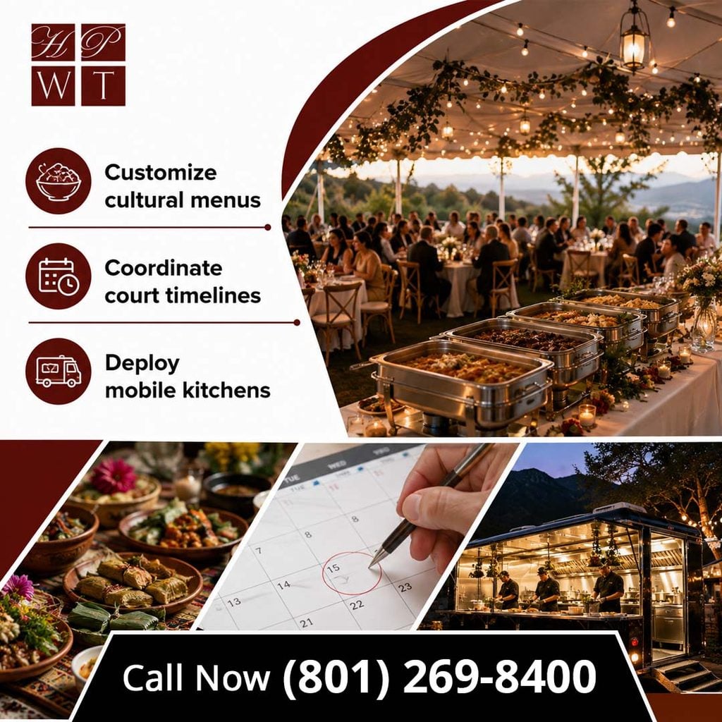 Chafing dishes set along a catered buffet table under an illuminated reception tent, with insets showing cultural food dishes, schedule coordination, and mobile kitchen chefs.