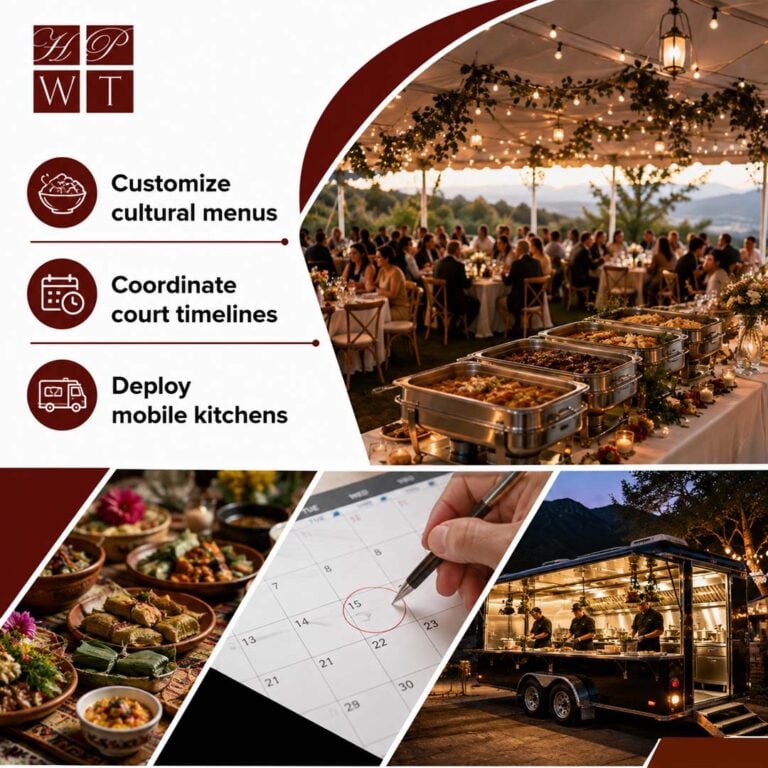 Chafing dishes set along a catered buffet table under an illuminated reception tent, with insets showing cultural food dishes, schedule coordination, and mobile kitchen chefs.