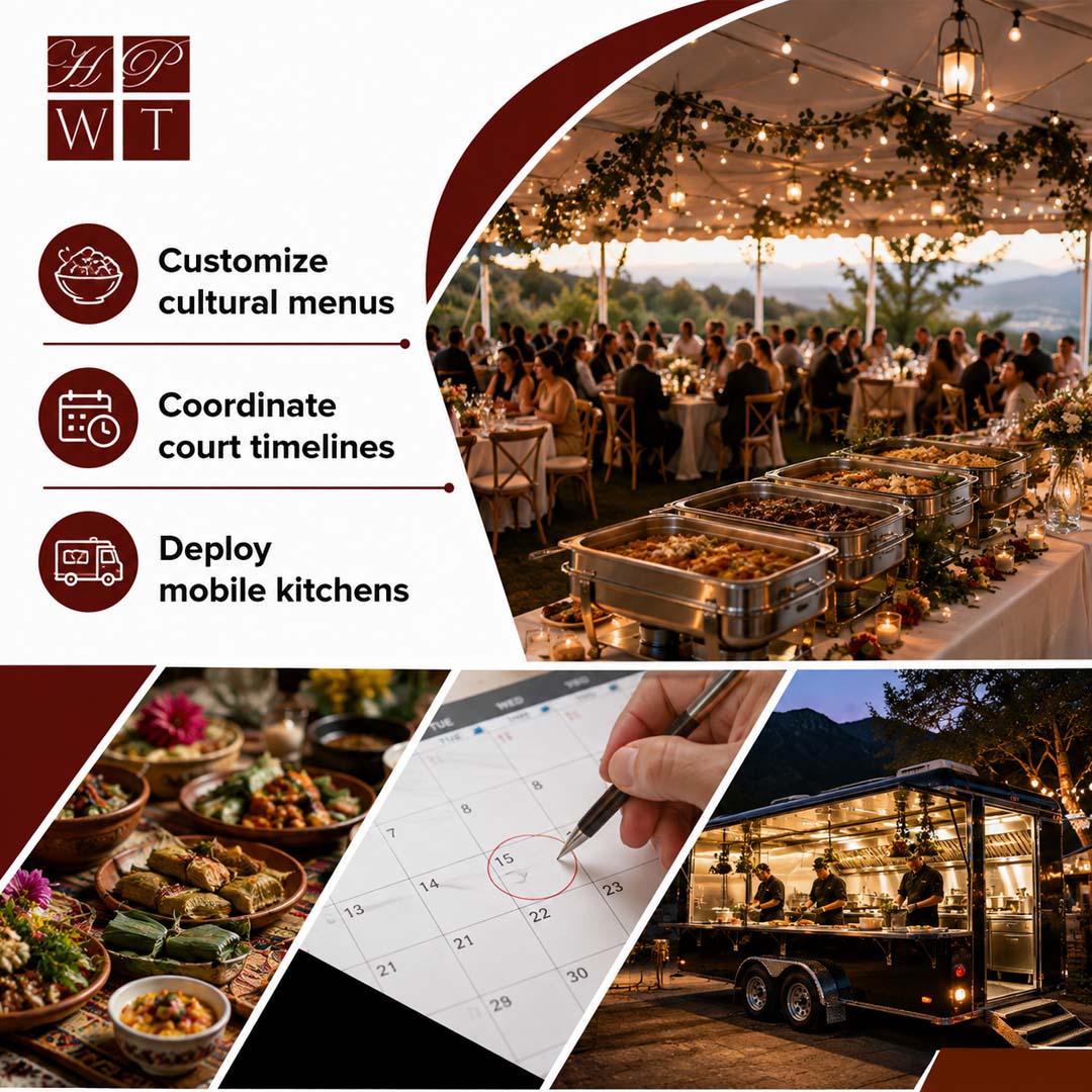 Chafing dishes set along a catered buffet table under an illuminated reception tent, with insets showing cultural food dishes, schedule coordination, and mobile kitchen chefs.