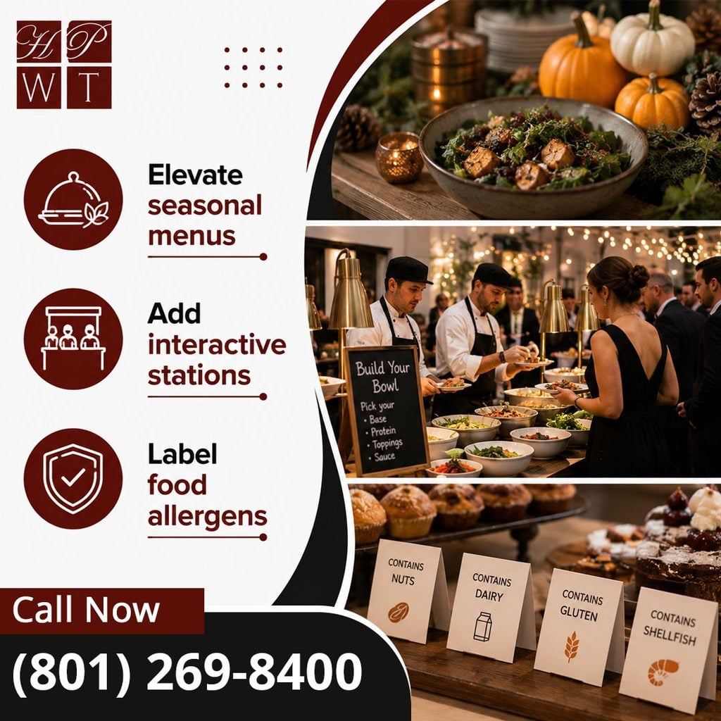 A wedding catering display featuring a warm roasted harvest bowl, chefs serving guests at an interactive build-your-bowl station, and clear food allergen safety cards.