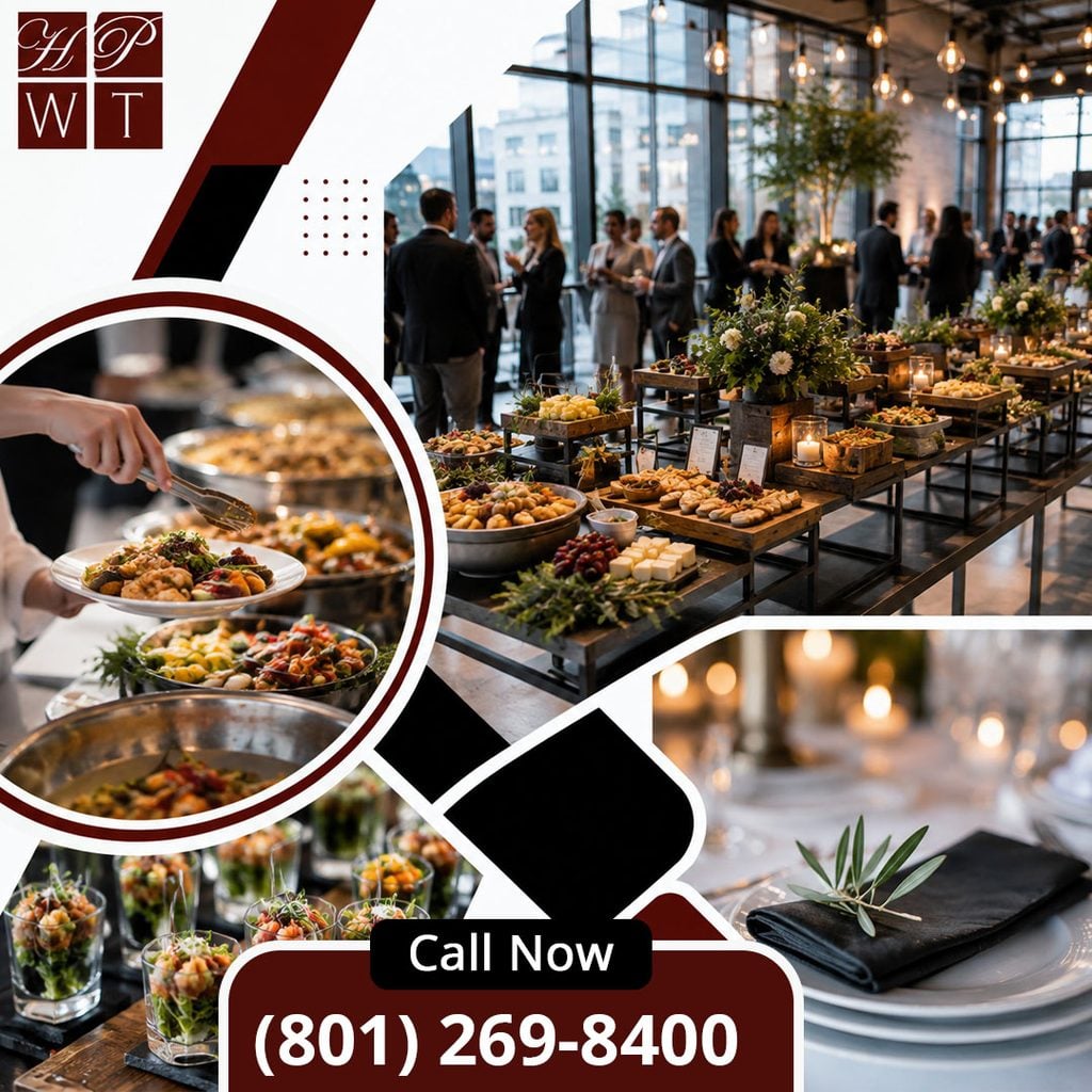 A collage of station-style event catering showing guests around long grazing tables, hot buffet serving tongs, formal place settings, and dessert shooters.