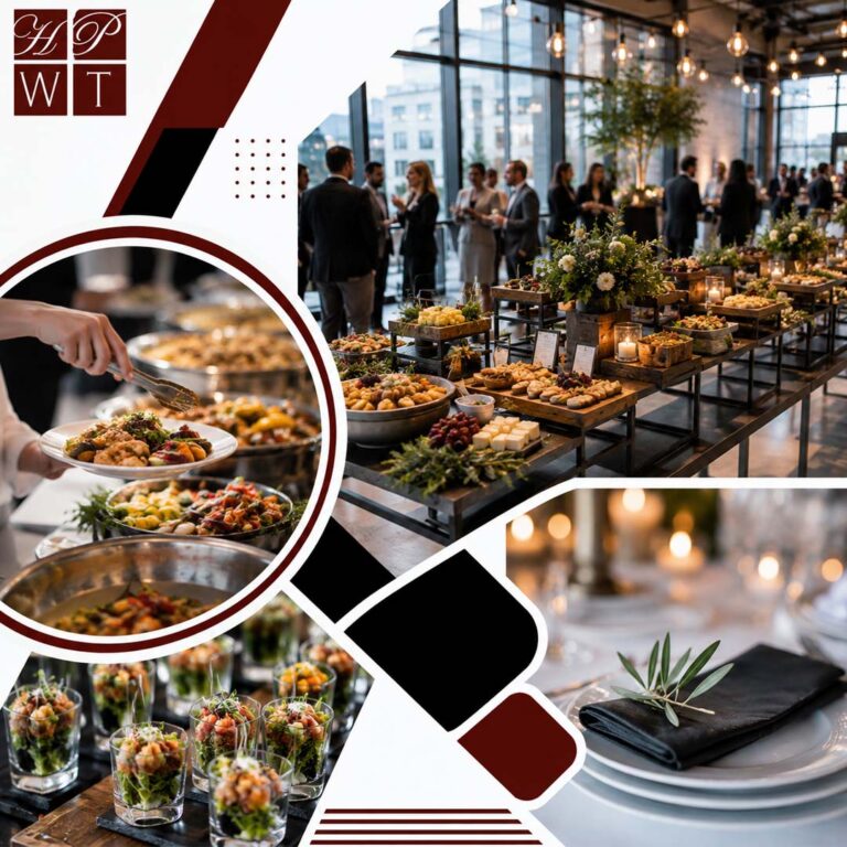 A collage of station-style event catering showing guests around long grazing tables, hot buffet serving tongs, formal place settings, and dessert shooters.