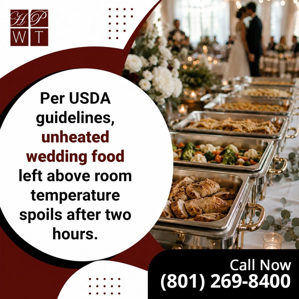 Stainless steel chafing dishes filled with roasted chicken and vegetables at a wedding reception buffet with the bride and groom blurred in the background.