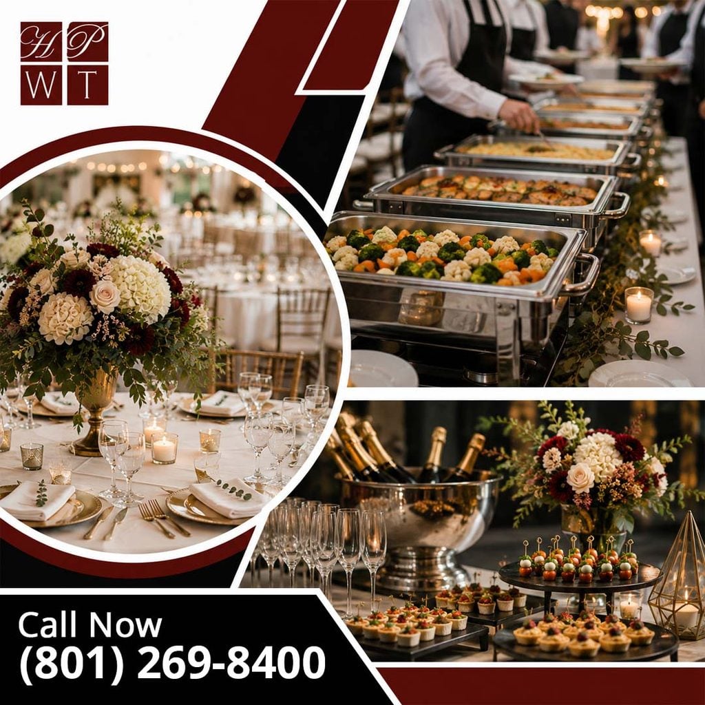 A wedding catering showcase displaying an elegant dining table, hot buffet chafing pans served by staff, and a champagne ice bucket with assorted appetizers.