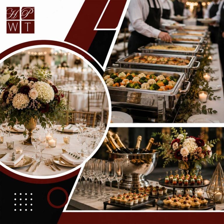 A wedding catering showcase displaying an elegant dining table, hot buffet chafing pans served by staff, and a champagne ice bucket with assorted appetizers.