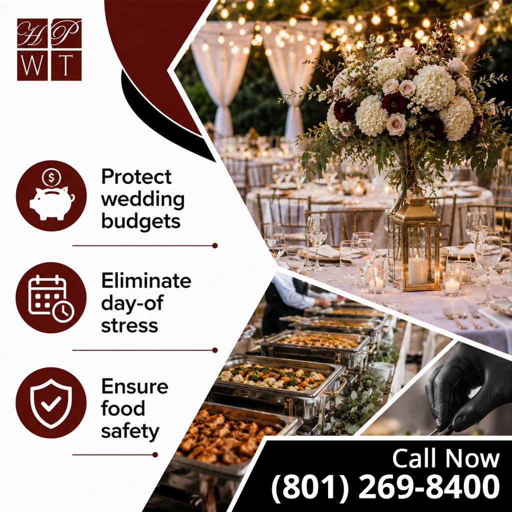 An elegant wedding reception dining table with floral centerpieces and string lights above a catered buffet line being served with food safety tongs.