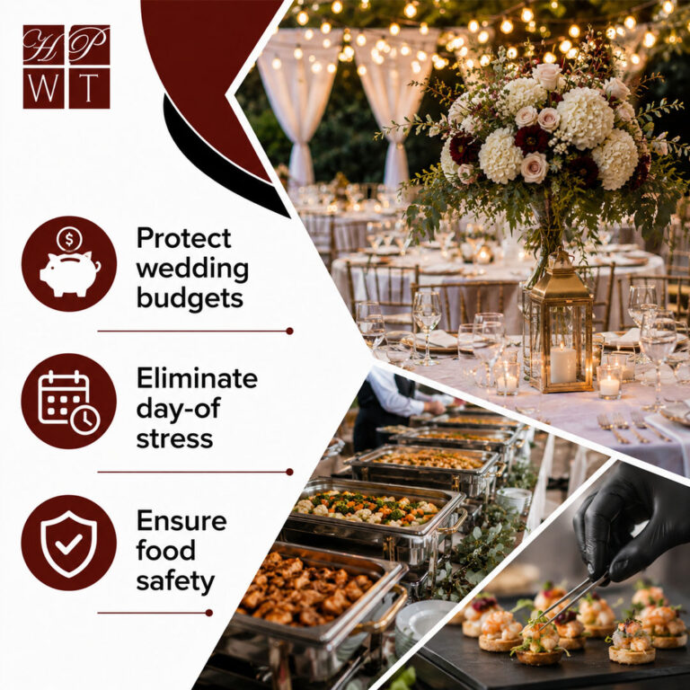 An elegant wedding reception dining table with floral centerpieces and string lights above a catered buffet line being served with food safety tongs.