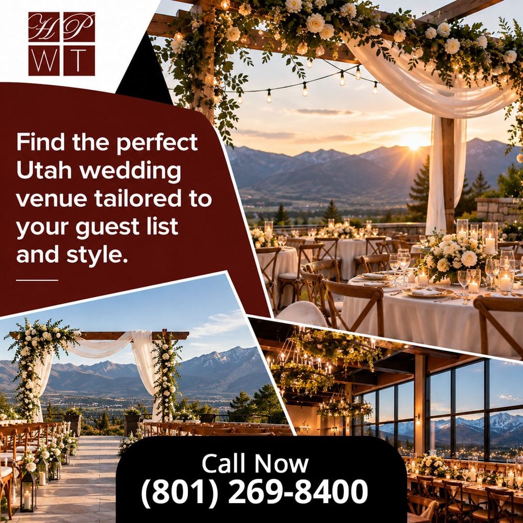 An outdoor patio wedding reception table set with flowers and candles under a pergola at sunset, alongside insets of an outdoor mountain ceremony altar and an indoor panoramic venue.