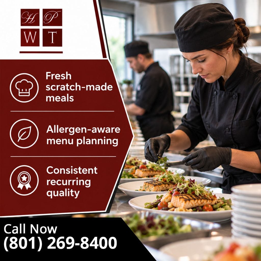 Chef plating grilled salmon with microgreens in a catering kitchen as a colleague prepares food in the background