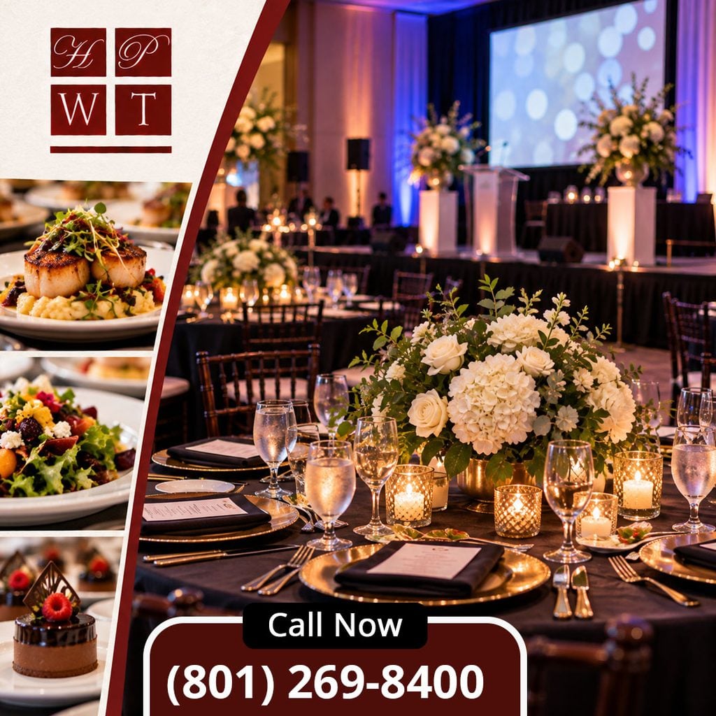 Candlelit gala tables with white floral centerpieces, a podium and screen, and insets of scallops, salad, and dessert