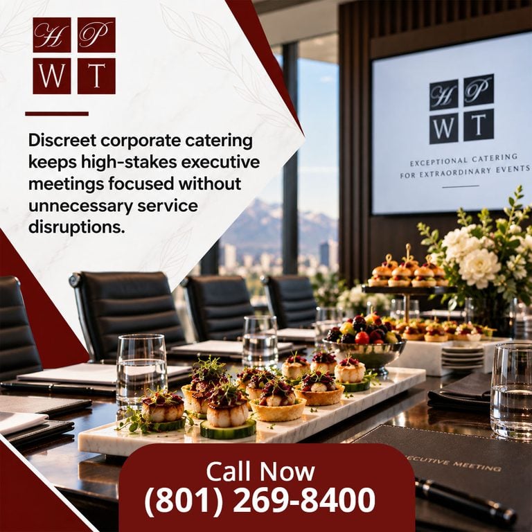 Boardroom table set with appetizers on a marble tray, fresh flowers, and a city and mountain view for executive meeting catering