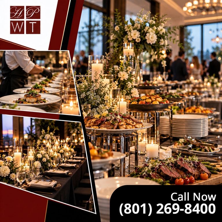 An elegant evening catering buffet featuring sliced roast beef, candlelit floral centerpieces, stacked dinner plates, and insets of plated entrees and formal banquet seating.