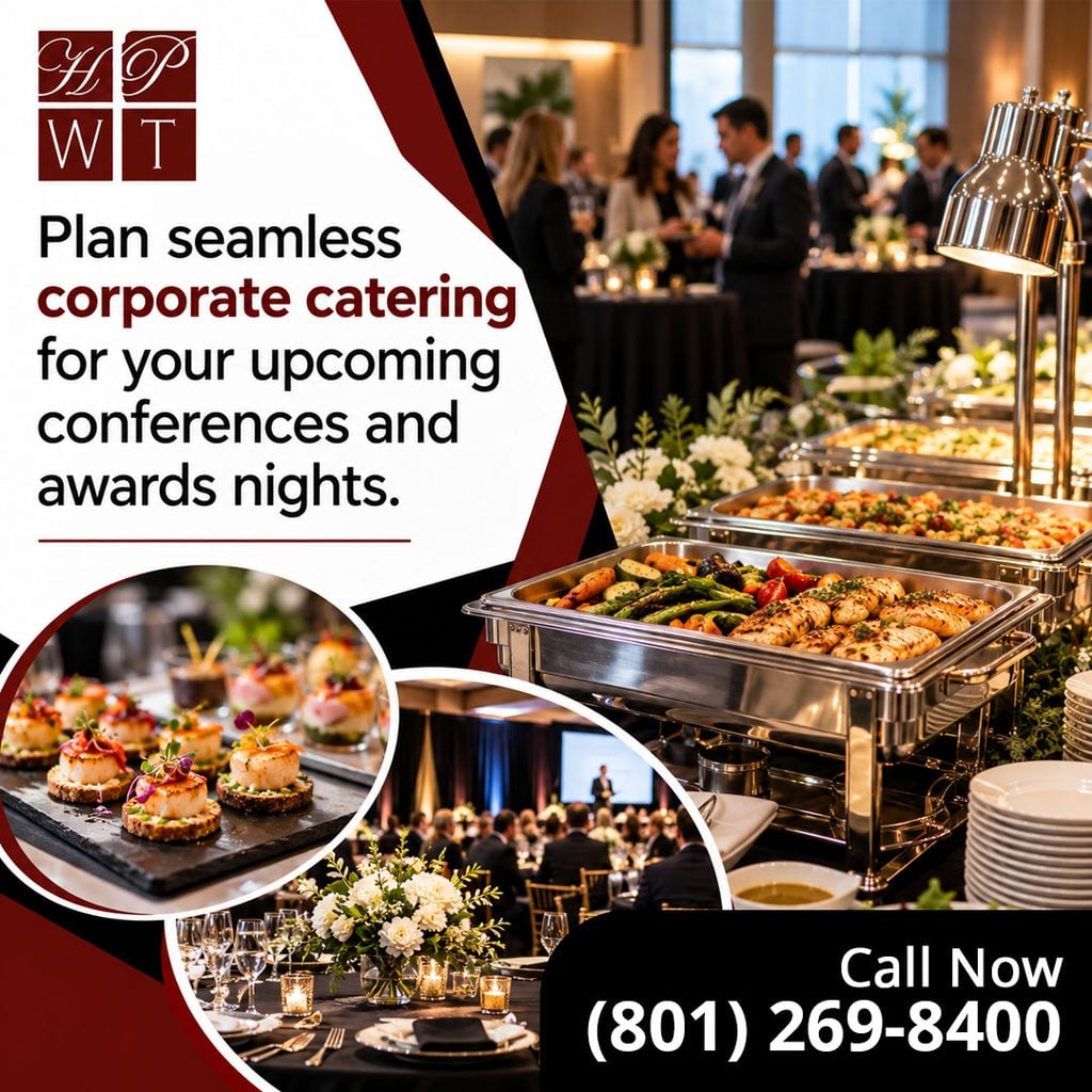 Stainless steel chafing dishes serving grilled chicken and roasted vegetables at a corporate reception, with insets of seared scallop appetizers, formal banquet tables, and an awards presentation stage.